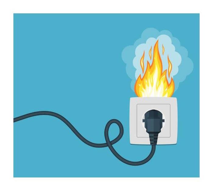 a drawn representation of a electrical cord plugged into a wall outlet that is on fire