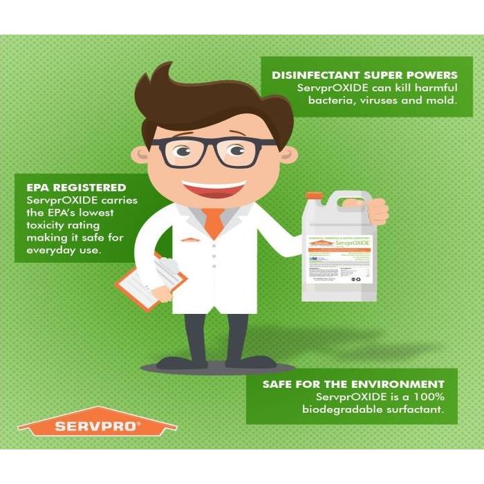 cartoon facts about SERVPROXIDE cleaner, green background cartoon man with glasses   
