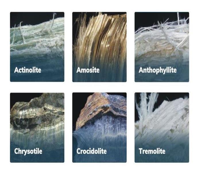 6 different white and brown fibers of the 6 types of asbestos 