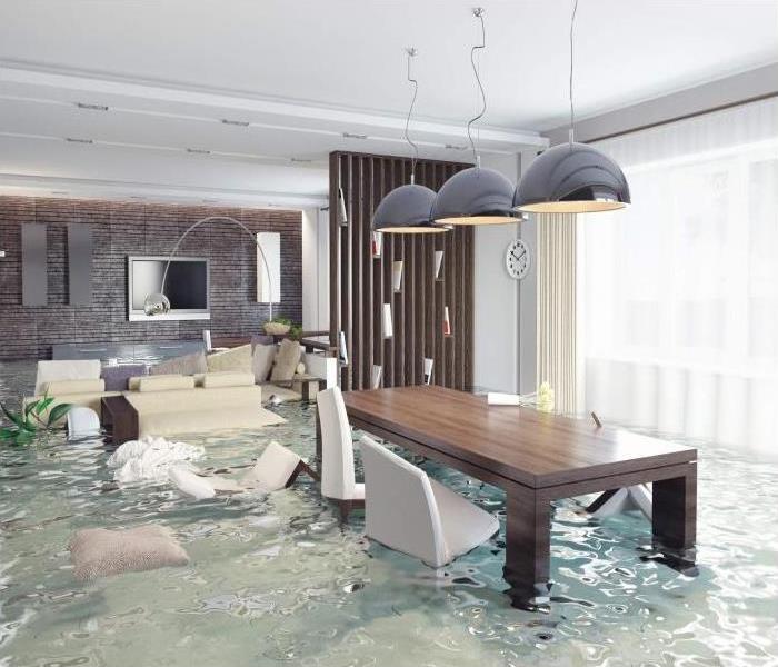 inside a home flooded with water 