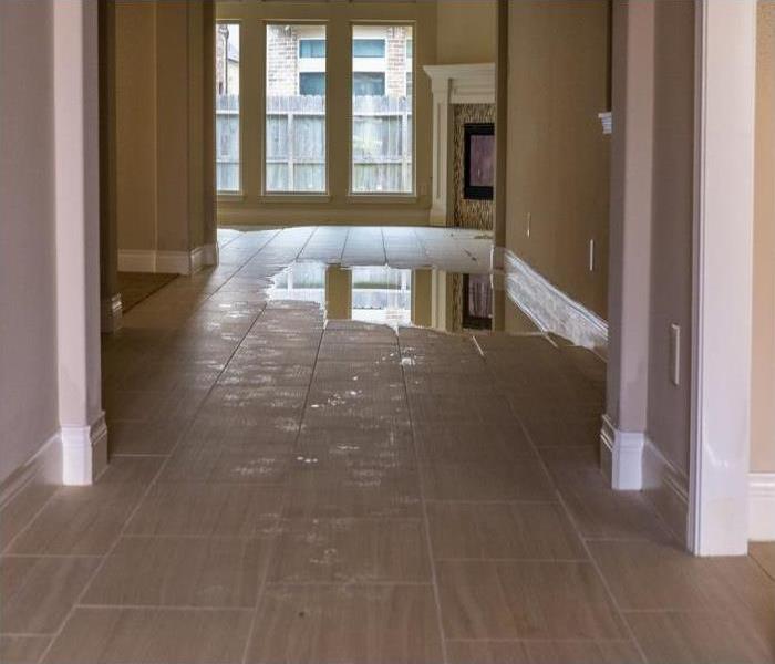 home hallway with tan flooring and tan walls with water on the floor