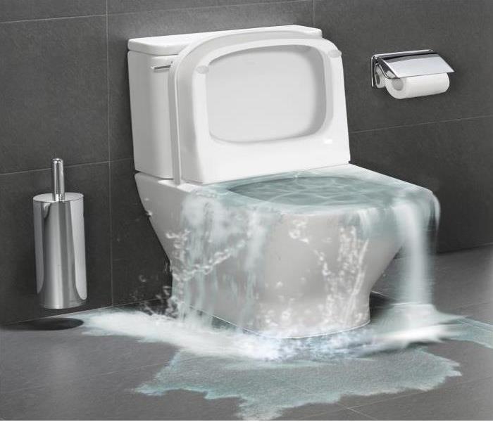 gray walls and floor with water overflowing out of a white toilet 
